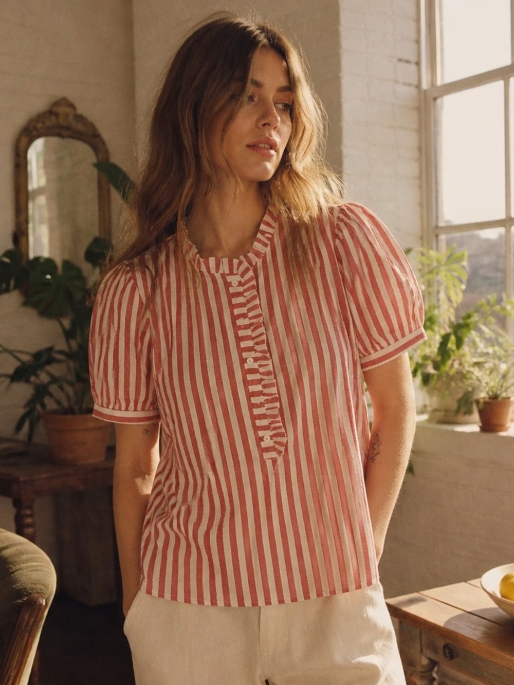 Striped Ruffle Henley Blouse — Red/White